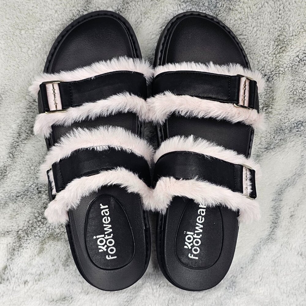 KOI Footwear Size US Size 7 Black Mypos Vegan Leather Fluffy Slides
